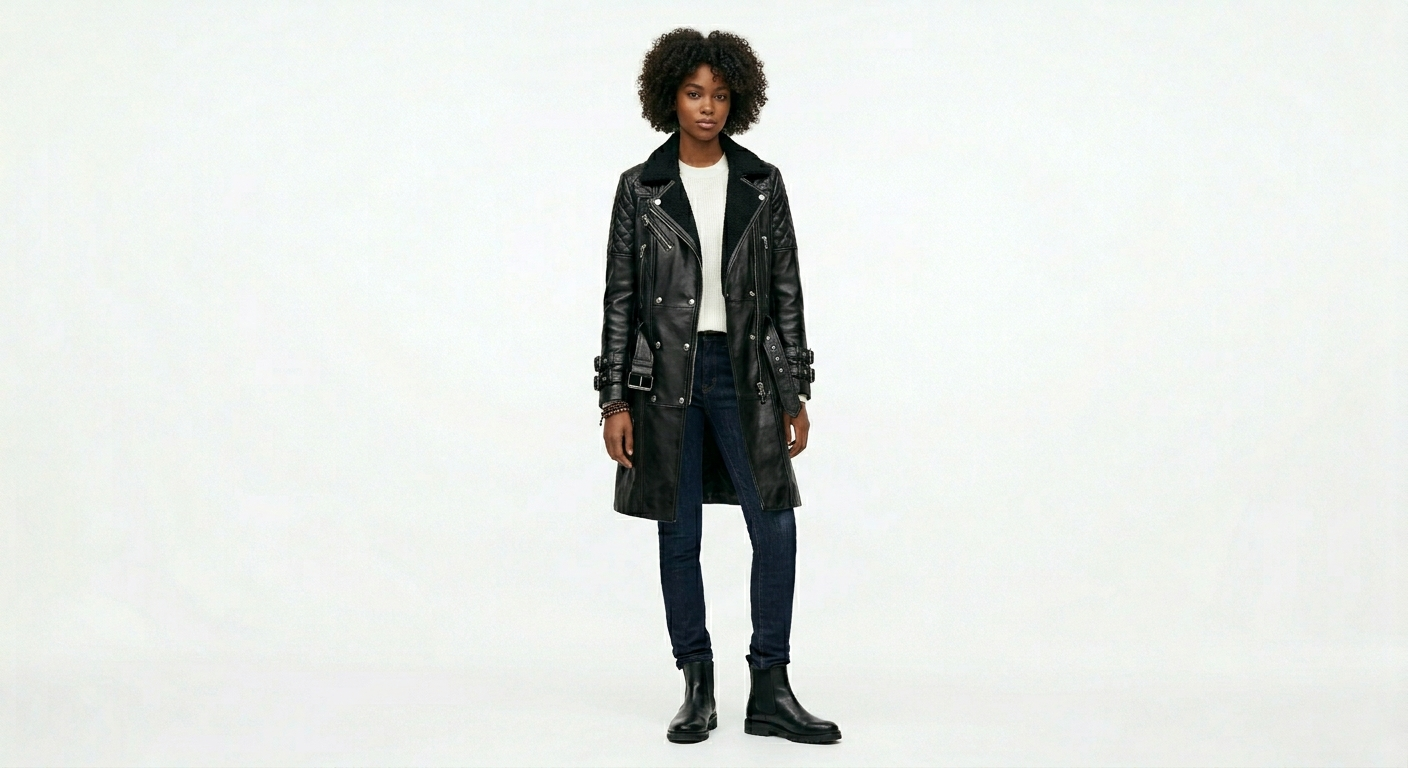 Women's Premium Faux Leather Trench Coat with Belt - Classic Black Double-Breasted Jacket