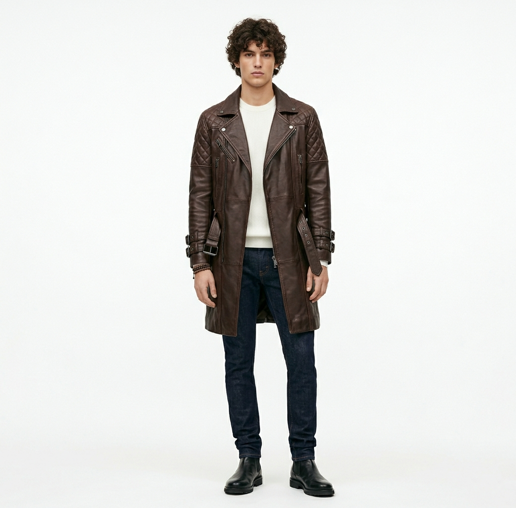 Men's Premium Dark Brown Leather Coat | Quilted Moto Trench | Peltura Leather