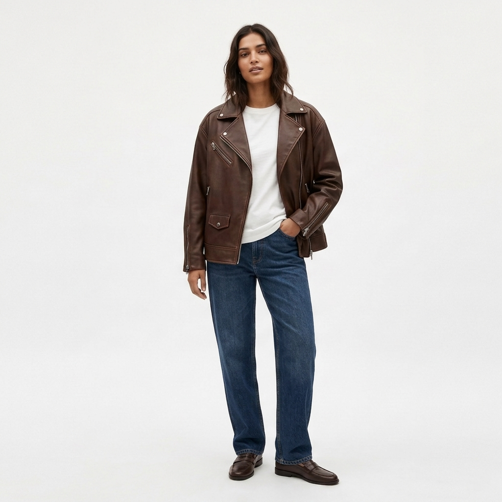 Peltura Women's Premium Brown Leather Biker Jacket | Classic Fit