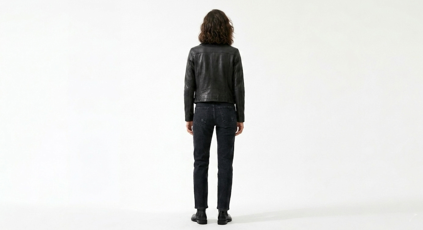 Person wearing a black leather jacket and jeans on a white background