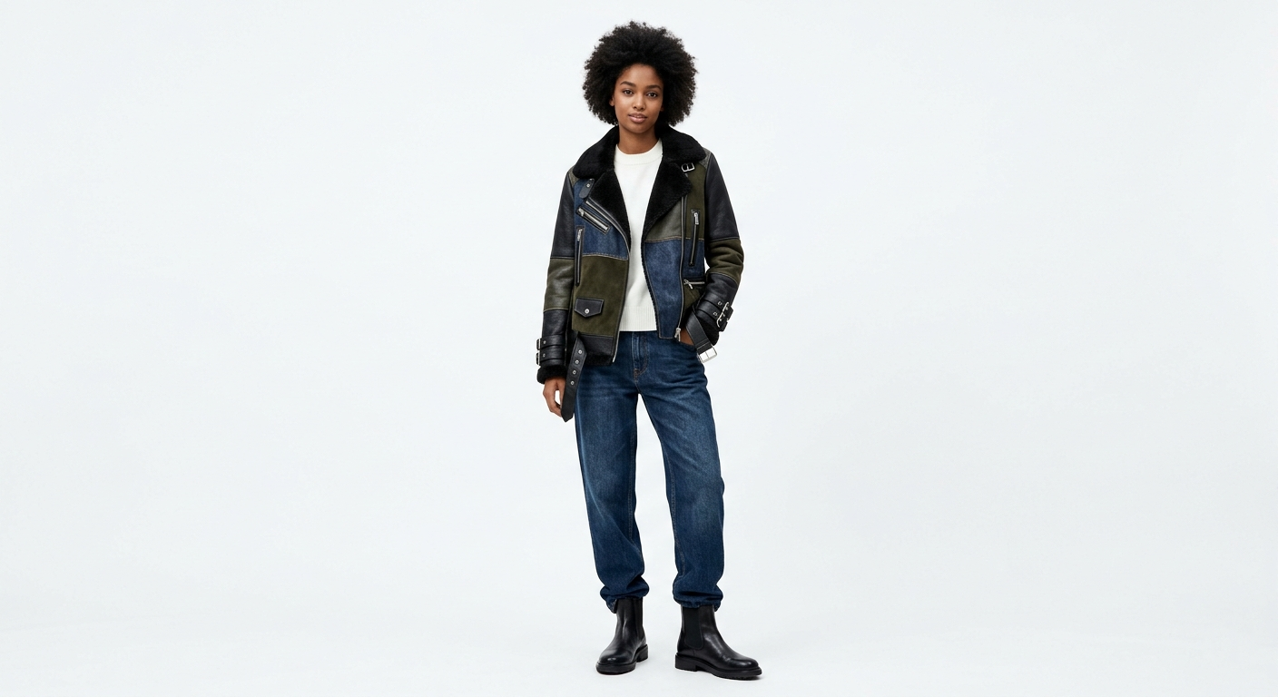 Women's Premium Patchwork Aviator Biker Jacket | Faux Leather, Suede & Shearling Moto Coat