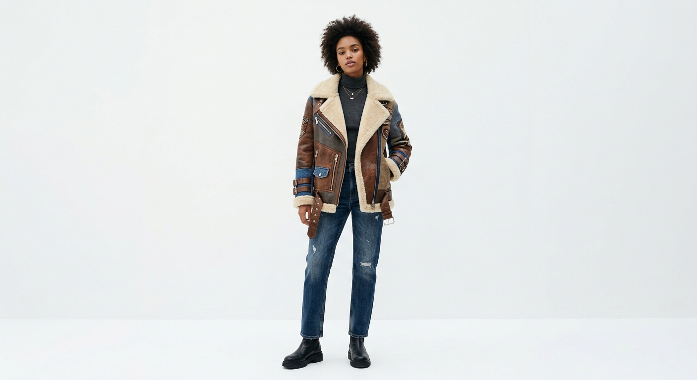 Women's Premium Patchwork Aviator Jacket | Faux Leather, Denim & Shearling Moto Coat