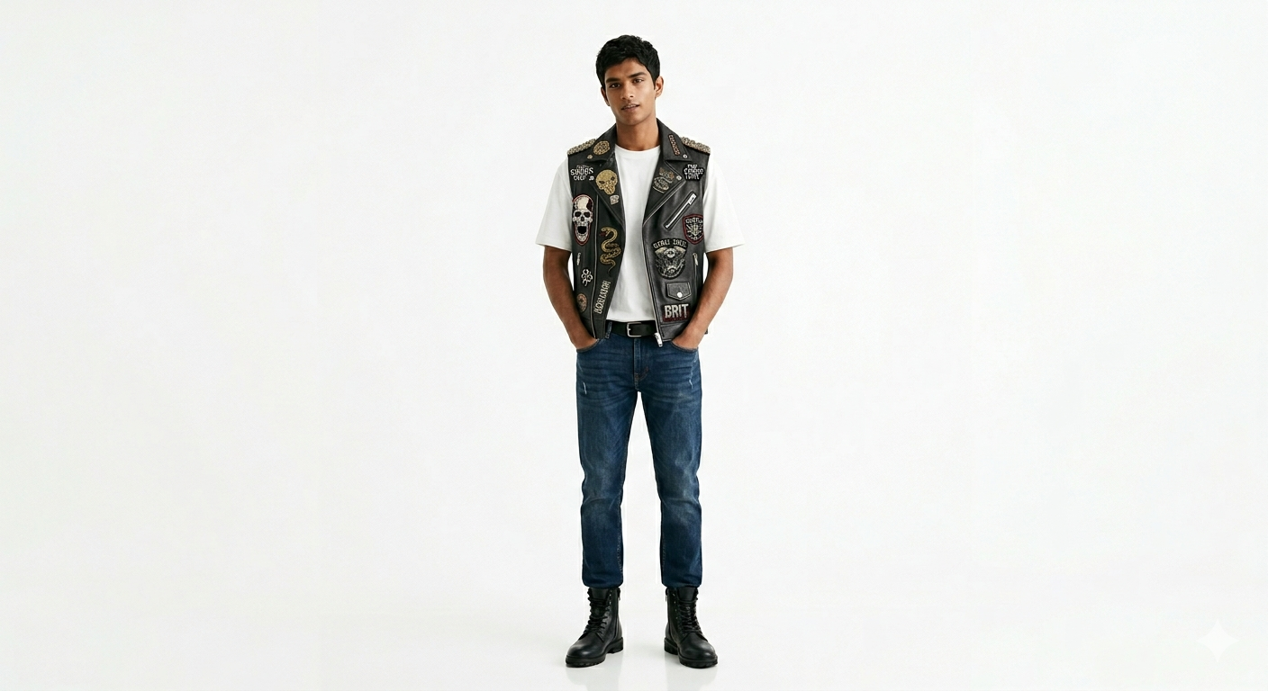 Men's Premium Black Leather Biker Vest with Custom Graphic Patches