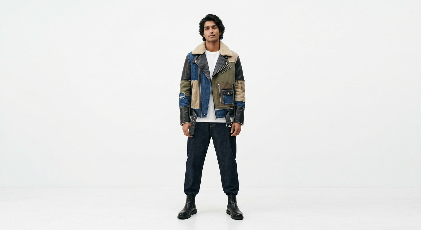 Men's Premium Mixed-Media Patchwork Biker Jacket | Leather, Denim & Shearling Collar
