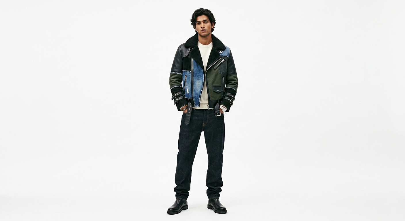 Men’s Premium Mixed-Media Patchwork Biker Jacket | Faux Leather, Denim & Shearling Moto Coat
