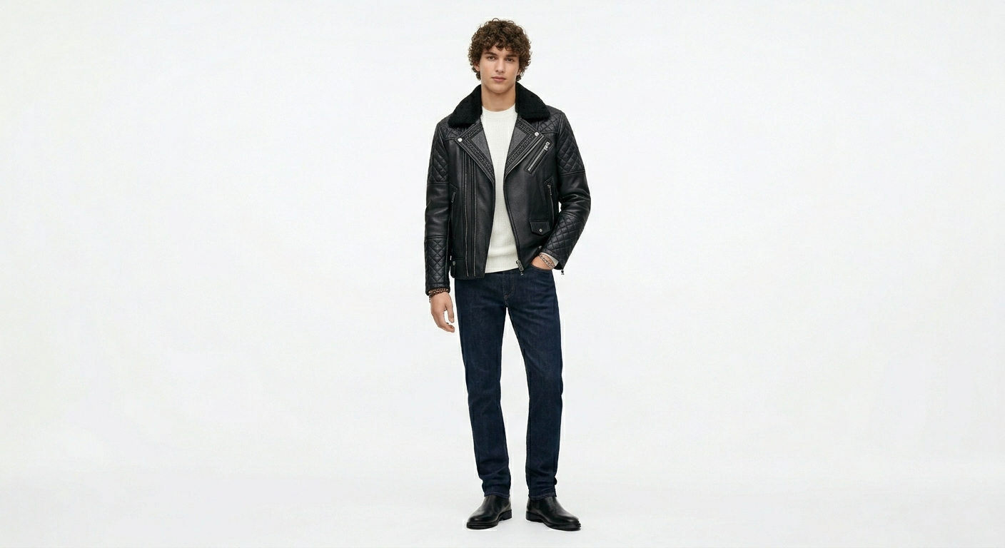 Men's Premium Quilted Black Leather Biker Jacket | Slim-Fit Shearling Collar Moto Jacket