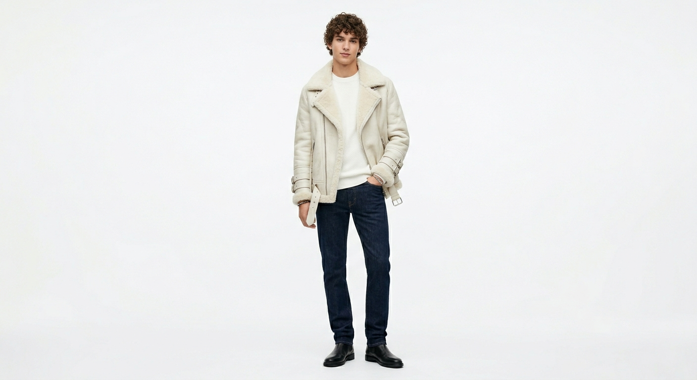 Men's Premium Cream White Aviator Jacket | Shearling-Lined Moto Coat