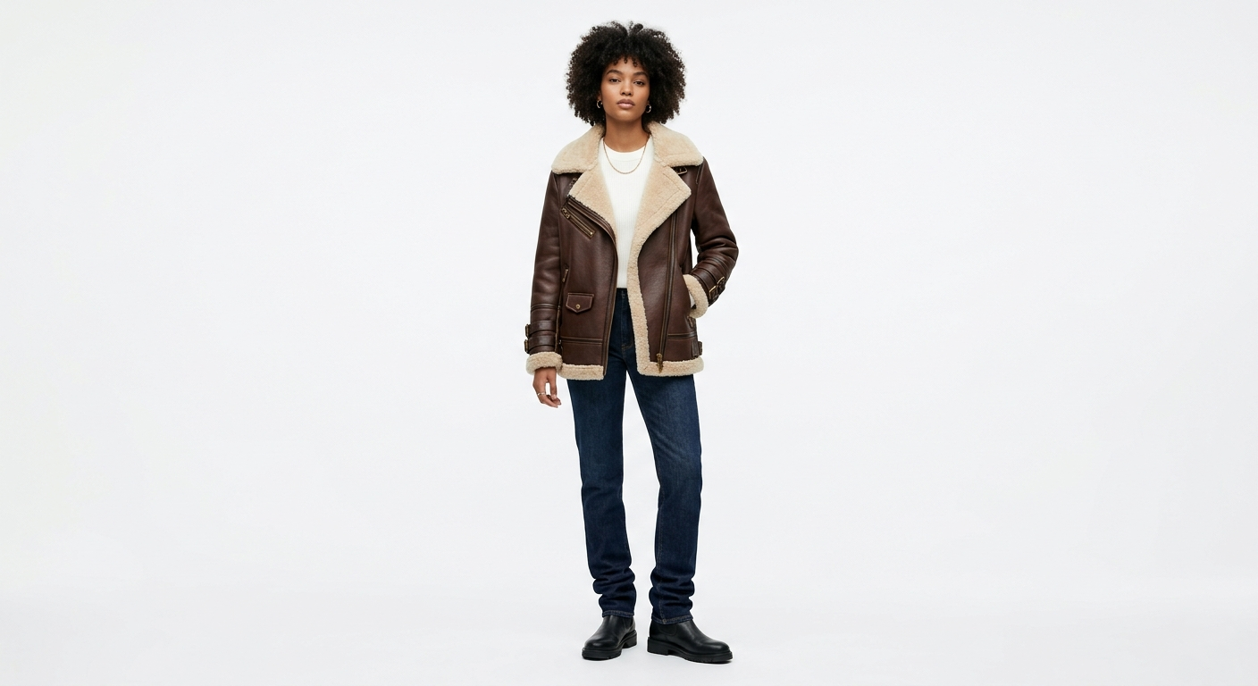 Women's Premium Brown Leather Aviator Jacket | Shearling-Lined Moto Coat