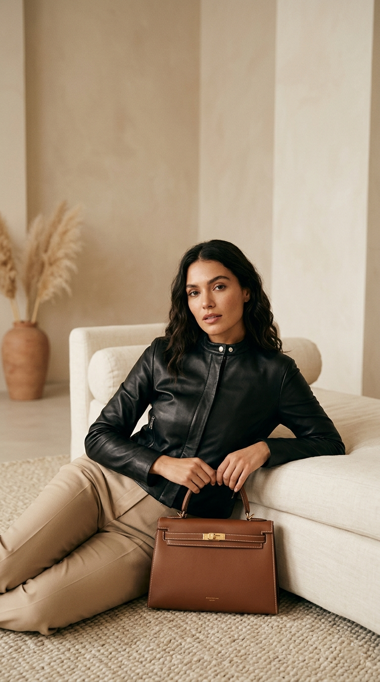 Woman sitting on a couch holding a brown handbag in a neutral-colored room.