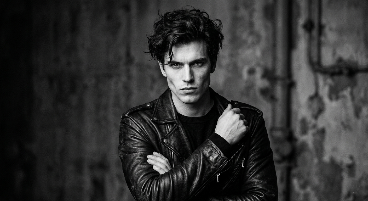 Black and white portrait of a person wearing a leather jacket against a textured wall.