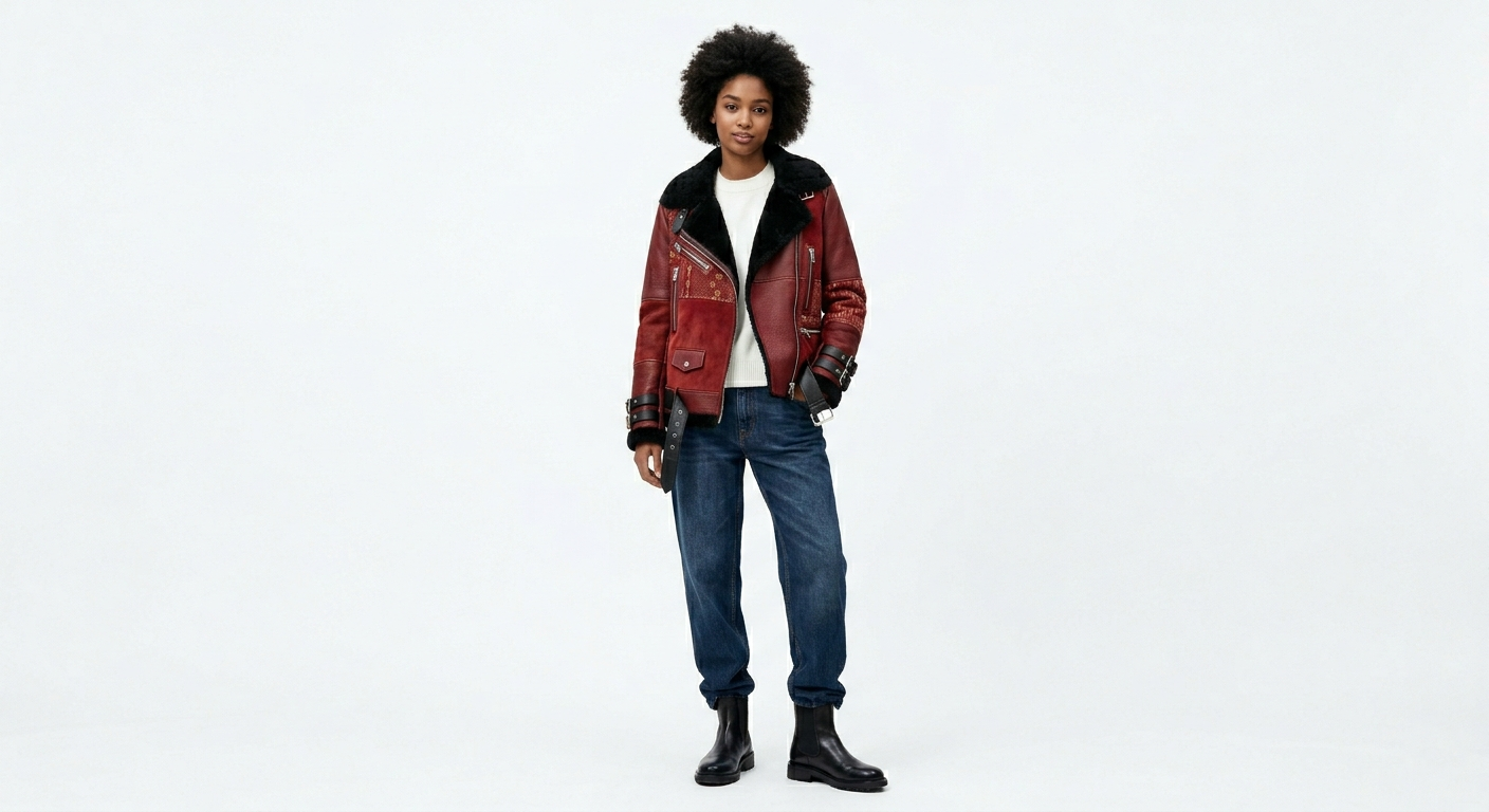 Women's Premium Red Patchwork Aviator Jacket | Mixed-Media Faux Leather & Shearling Moto Coat